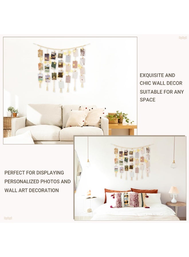 YelaJoy Hanging Photo Display Wall Decor with String Lights, Boho Wooden Beads Garland Collage Picture Card Frame Holder with 45 Clips for Bedroom Living Room Dorm, Teen Girls Gifts - Image 2